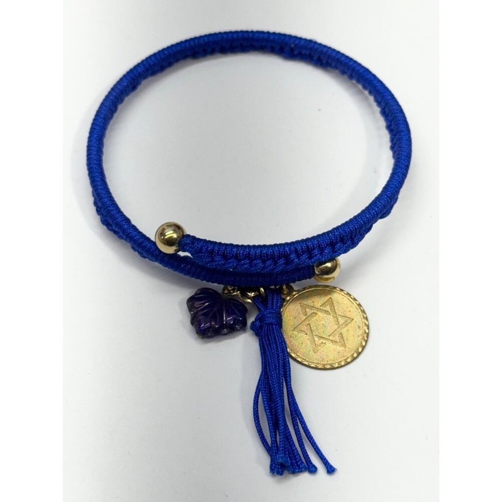 Vintage blue Jewish star glass leaf charm tassel bracelet bangle